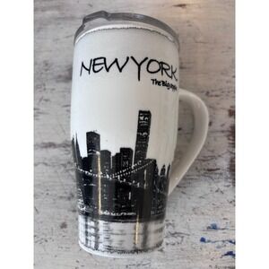 JAY JOSHUA travel mug white black NYC skyline tall porcelain tumbler with lid
